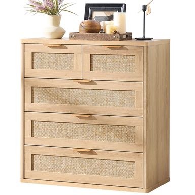 LEYAOYAO Rattan Dresser for Bedroom, 33.5" Tall Chest of Drawers, Modern 5 Drawers Boho Dressers with Storage, Light Oak Dresser Wooden Closet Organizer for Living Room, Hallway, Natural Wood 15.5"D x 31.5"W x 33.5"H (5 Drawers) Natural Wood 1