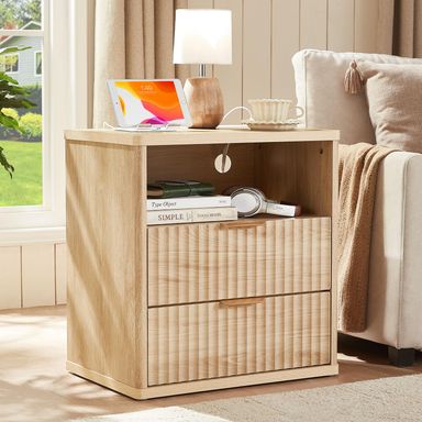 LEYAOYAO Fluted Nightstand with Charging Station, 23" Wide 2 Drawers End Table, Natural Night Stand with Open Storage Cabinet, Farmhouse Bed Side Tables, Wood Dresser for Bedroom, Living Room, Closet 2 Drawers Natural 1