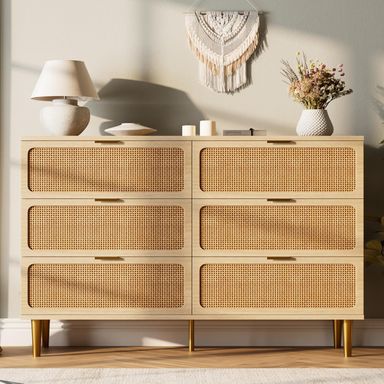 Rattan 6 Drawer Dresser for Bedroom, Large Double Dresser with Deep Drawers, Wooden Chest of Drawers for Closet with Wide Top, for Living Room, Hallway, Kids Room, Natural