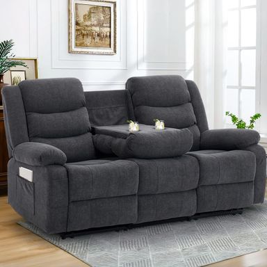 Recliner Sofa, Reclining Loveseat with Console, Oversized Reclining Couch with Drop Down Table, 3-Seater Sofa with Cup Holder and Recessed Power Strip, Grey 3 Seaters Grey