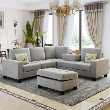 P PURLOVE Modern Sectional Sofa, Sectional Corner Sofa with Storage Ottoman and Two Cup Holders, Space Saving L Shaped Couch Set, for Living Room Apartment, Light Grey 85" Light Grey