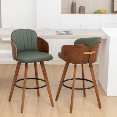 Counter Height Bartools Set of 2, 26 Inch Mid Century Counter Stools with Walnut Back and Arms Upholstered Seat for Kitchen Island, Green 26.4"-Set of 2 Walnut-green