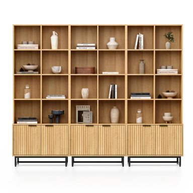 Bookshelf with Doors Cabinet 71'' Tall Farmhouse Bookcase 4 Tier Bookshelves with Adjustable Shelves Storage Wooden Book Case for Library Home Office Living Room Kitchen (Natural Oak, 3pcs)