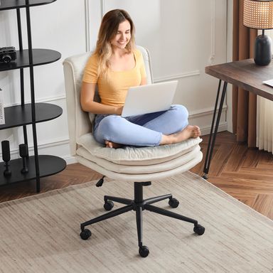 VINGLI Cloud Criss Cross Legged Chair,18" High Back Armless Home Office Desk Chair with Wheels,Wide Adjustable Comfy Padded Seat Task Computer Chair,Modern Swivel Makeup Vanity Chair,Microfiber,Beige Beige-microfiber with wheel