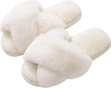 Amazon.com | Evshine Women's Fuzzy Slippers Cross Band Memory Foam House Slippers Open Toe Indoor Outdoor Shoes, White, 40-41 (Size 8.5-9.5) | Slippers