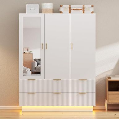 Amazon.com: PAKASEPT Armoire Wardrobe Closet with 3 Door, Bedroom Armoires with Mirror and LED Lights, Hanging Rod, Drawers, Large Capacity Storage Wardrobe Armoire for Bedroom : Home & Kitchen