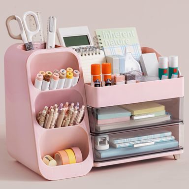 HBlife Desk Organizer with Pen Pencil Holder for Desk, Pen Organizer with 2 Drawers, Desk Organizers and Accessories with 4 Compartments, Desktop Storage for Office Home School Art Supplies, Pink