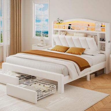 Queen Size Bed Frame with LED Storage Headboard & 2 Storage Drawers, Velvet Upholstered Bed with Vertical Tufted Headboard Design, USB & Type-C Charging Ports, Wooden Slats Support, Noise-Free, Beige Beige Queen