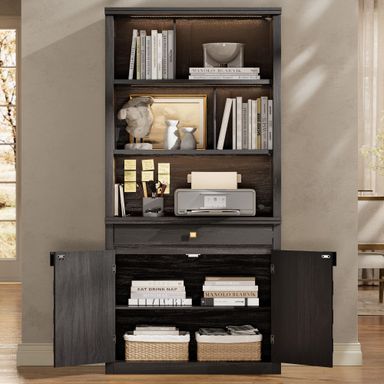 STO'SENSE 72.2" Tall Bookshelf & Bookcase with LED Lights, 6-Tier Bookshelf with Drawer and Open Shelves, Modern Display Storage Cabinet with Doors for Home Office, Living Room, Bedroom (1 Piece) Black Oak (1 Pc)