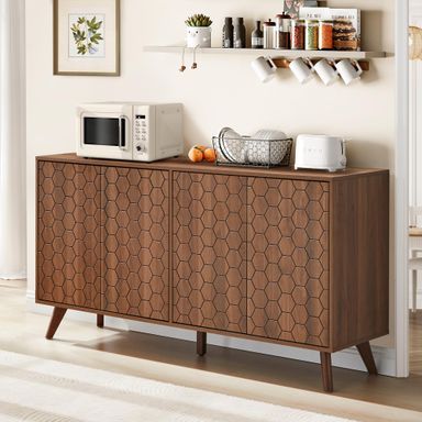 RARZOE 58'' Large Sideboard Buffet Cabinet with Storage, Mid Century Modern Storage Cabinet with 4 Doors & Shelves, Wooden Credenza Coffee Bar TV Console Cabibet for Living Room Kitchen Hallway