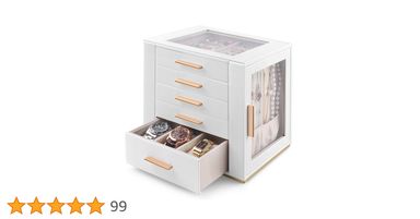Homeanda Jewelry Box for Women with Glass Lid, 5 Drawers Jewelry Organizer and Storage for Necklaces, Rings, Earrings, Bracelets, Gift for Girls and Teens,PU Leather (White)