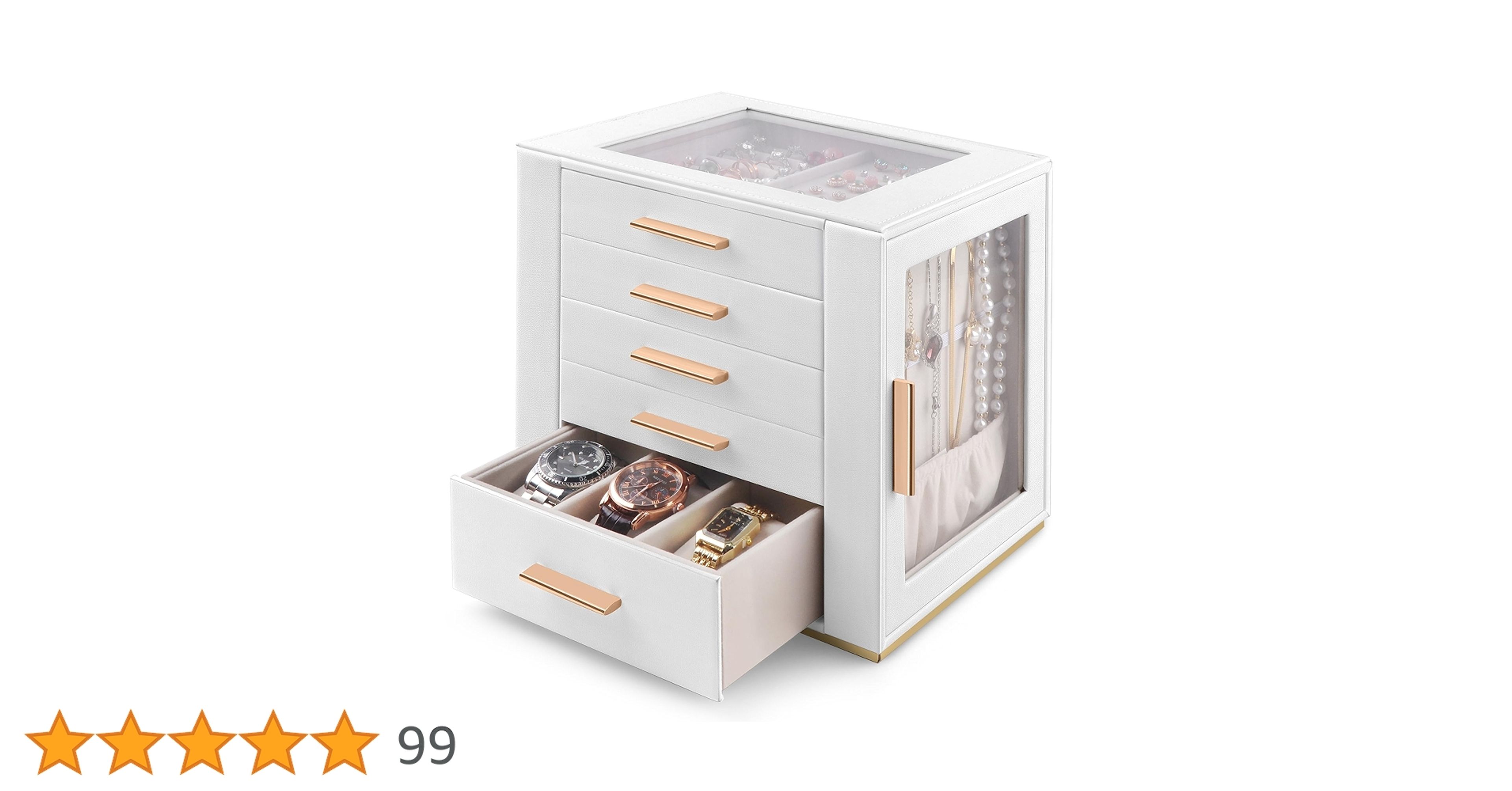 White PU Leather Jewelry Box with Glass Lid & 5 Drawers - Homeanda Organizer
