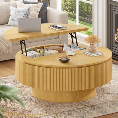 Itaar 35.4" Round Lift Top Coffee Table, Circle Coffee Table with Storage for Living Room, Center Table for Apartment Small Space, Natural Oak
