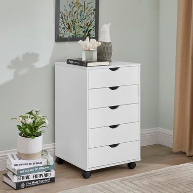 Naomi Home 5-Drawer Rolling Chest, White, Smart Storage with Metal Slide Glides & Smooth Wheels, Compact Space-Saver, Easy Assembly, Durable Engineered Wood White 5 Drawer