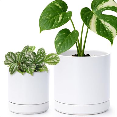 D'vine Dev 4.7 Inch & 6.5 Inch Ceramic Planter Pots for Plants with Drainage Hole and Saucer, Small Plant Pots Set, White, 94-G-S-1 Small White