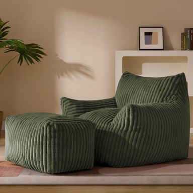 Giant Plush Bean Bag Chair for Adults with Armrests and Footstool - Oversized Comfy Green Beanbag Chaise Lounge Lazy Floor Sofa Chair for Living Room, Bedroom & Dorm, Cozy Fluffy Cloud Mini Couch XL Sofa Chair + Footstool Green