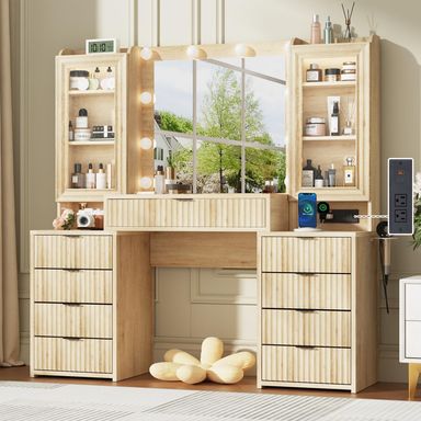 55" Fluted Makeup Vanity Desk with Large Mirror and Lights, Modern Glass Top Big Vanity Table with 9 Drawers & Open Storage Shelves, Dressing Table w/Charging Station for Bedroom, Oak
