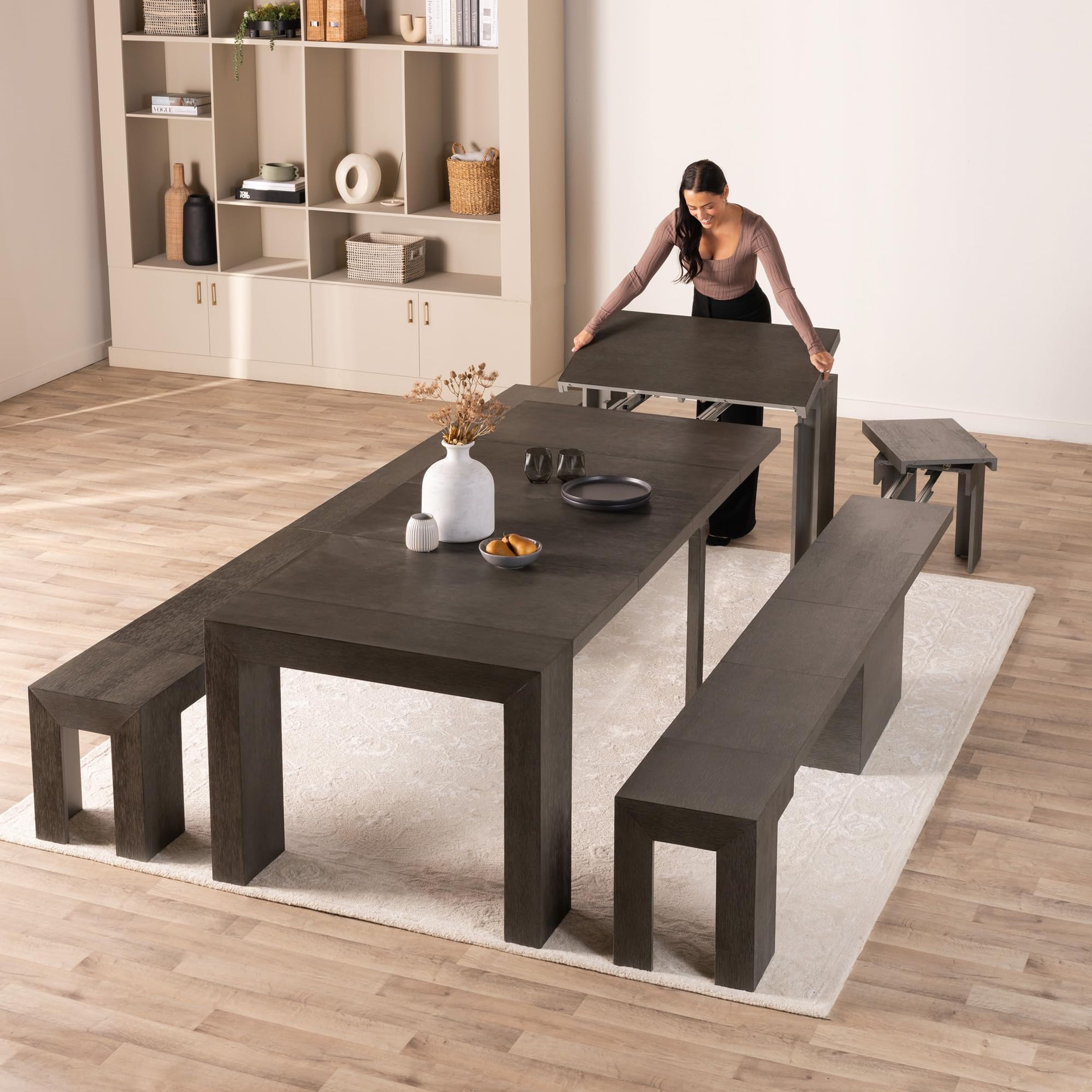 Expandable Solid Wood Dining Table Set for 4-12, Dark Grey Benches