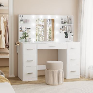 YESHOMY Vanity Desk with Mirror, Power Outlet and 10 Lights, Makeup Table with 7 Drawers, 3 Color Modes Available for Bedroom, Pure White Vanity Desk Pure White