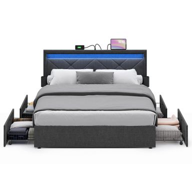 VASAGLE LED Bed Frame Queen Size, Queen Bed with Headboard and 4 Drawers, 1 USB Port and 1 Type C Port, Adjustable Upholstered Headboard 36.7/39.3 Inches, No Box Spring Needed, Dark Gray URMB821G71