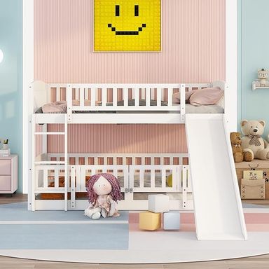 Amazon.com: Harper & Bright Designs Bunk Bed with Slide, Full Over Full Low Bunk Bed with Fence & Ladder for Toddler Kids Girls Boys (White) : Home & Kitchen