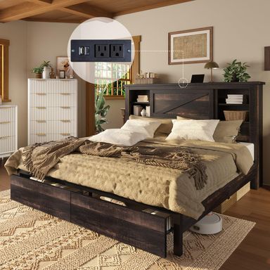 AMERLIFE 47.2" H King Bed Frame with Hidden Space Bookcase Headboard and Charging Station, Beds with 2 Storage Drawers and Wood Slats, No Box Spring Needed, Dark Oak King Dark Oak