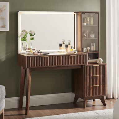 T4TREAM 48" Fluted Makeup Vanity Desk with Large 36" Mirror and Lights, Modern Glass Top Big Vanity Table w/5 Drawers & Adjustable Shelves, Dressing Table w/Charging Station for Bedroom, Dark Walnut