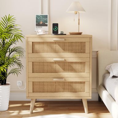 Rovaurx Rattan Nightstand with Charging Station, Night Stand with 3 Drawers, 28.5 Inch Bedside End Table for Bedroom, Side Table with USB Ports and Outlets, Boho Style, Natural RCTG110ME
