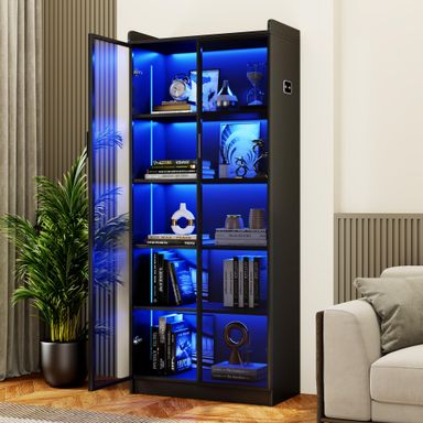 Display Cabinet with Doors and Adjustable Shelves, 65" Tall Bookcase with LED Lights/Human Sensor, 5 Tier Display Case for Collectibles Bedroom Living Room Office, Black - Smoked Black Door Black-smoked Black Doors