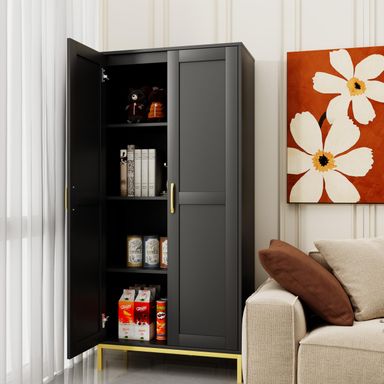 Storage Cabinet, Kitchen Pantry Cabinet with 2 Doors & Adjustable Shelves, Tall Storage Cabinet for Laundry Room, Living Room, Entryway,Bathroom,Black