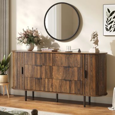 Modern 6 Drawer Dresser, Fluted Chest of Drawers with Metal Handle, Curved Edge Design, Wood Storage Credenza Cabinet for Bedroom,Living Room, Brown
