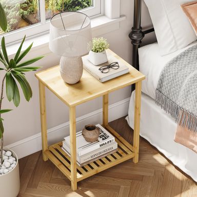 Dripex Bamboo Living Room End Table, 2-Tier Narrow Nightstand, Bedside Table, Slim Coffee Table Small Spaces, Storage Sofa Side Table for Bedroom or Office 2 Tier Bamboo