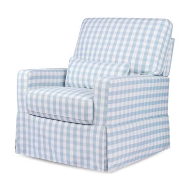 NAMESAKE Crawford Pillowback Comfort Swivel Glider in Blue Gingham, Greenguard Gold & CertiPUR-US Certified