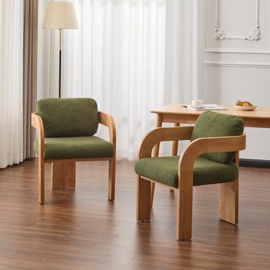 Christopher Knight Home Yorick Modern Boucle Dining Chair Set of 2 with Cushion, Solid Wood Dining Room Armchair Set, Curved Backrest Kitchen Side Chair, Living Room Comfy Extra Seat, Natural+Green