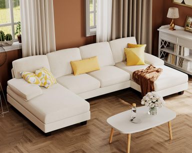 Furmax Sectional Couches for Living Room, U-Shaped Sofa Couch with Linen Fabric, 4 Seat Sofa Set with Double Chaise for Apartment (Fabric, White) White Fabric