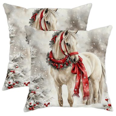 DESIHOM Christmas Fun Horse Throw Pillow Covers 20x20 Set of 2, Soft Watercolor Xmas Snow Scene Wreath Pillow Cases Kit with Zipper, Animal Decor for Couch Sofa Living Room Porch Multicolor 20" x 20" (Pack of 2)