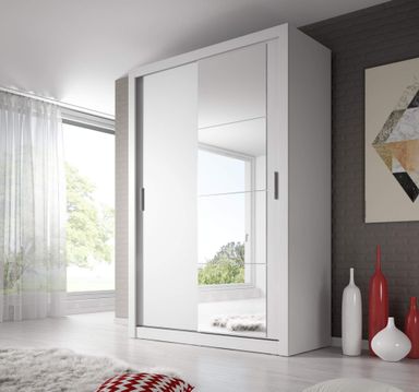 Arthauss Modern Bedroom Mirror Sliding Door Wardrobe ARTI 4 in White Matt 150cm - Flat Pack 2 Sliding Door Wardrobe - Spacious, Modern Mirrored Furniture