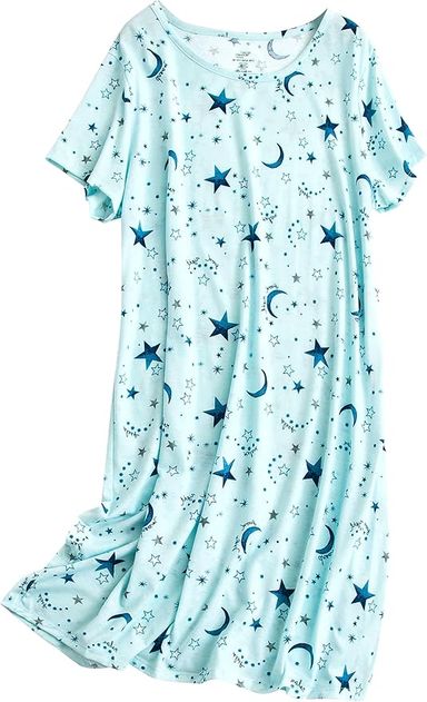 PNAEONG Women's Cotton Nightgown Sleepwear Short Sleeves Shirt Casual Print Sleepdress XTSY108-Blue Star-XL at Amazon Women’s Clothing store