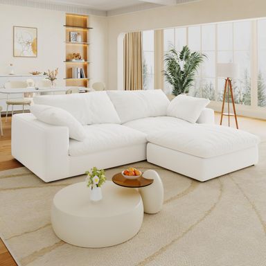 Comfy White Sectional Couch Modular Loveseat with Ottoman, 80" Cloud Couches for Living Room, L Shape Sofa Couch with Removable Washable Covers, Seat Cushion Filled Down, 2 Seater + 1 Ottoman