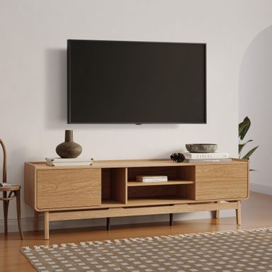 LuxenHome 70" TV Stand, Mid Century Modern Media TV Console for 65/70/75 Inch TVs, Wood Low Profile Cabinet with Storage, Credenza Television Stand Entertainment Center Living Room Entryway