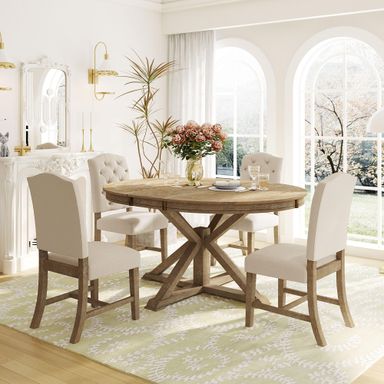 LUMISOL Round Dining Table Set for 4, Extendable Kitchen Table Set with 4 Upholstered Chairs, Solid Wood Dining Table and Chairs Set for Kitchen, Dining Room, Living Room, Natural Natural Wood Wash