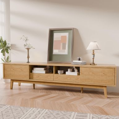 TOLEAD 70" Mid Century Modern TV Stand for TVs up to 75 Inch, Low Profile Entertainment Center with Fluted Sliding Doors & Storage Drawers, Wood TV Console Table for Living Room, Oak 70" Oak