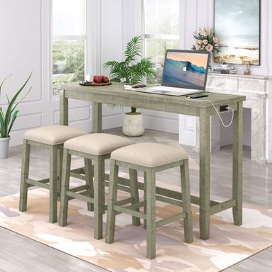4-Piece Dining Room Table Set with Socket,Office Table Set with Socket and Fabric Padded Stools, Industrial Style Counter Height Kitchen Table with 3 Backless Barstools for Dining, Work or Study Green