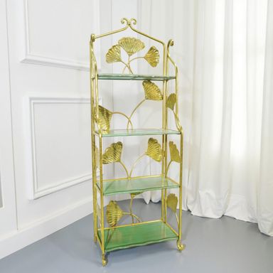 No Assembly Folding Bookshelf with Gold Ginkgo Leaf Design, 4-Tier Decorative Metal Shelf with Vintage Green Shelves, Large Display Rack for Living Room, Office, Bedroom 72 x 25 x 13.4 inches