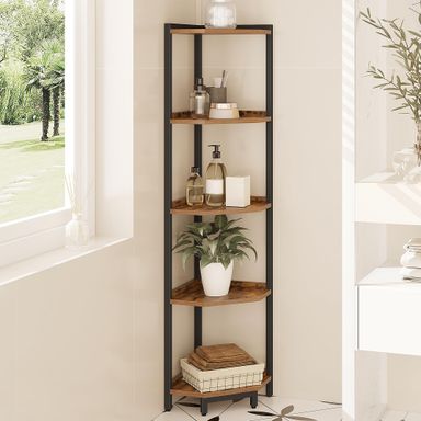 Corner Shelf Stand, Corner Bookshelf, Storage Standing Shelf Unit with Metal Frame, Plant Stand, Corner Bookcase for Living Room, Home Office, Bedroom, 5-Tier Rustic Brown CS05901B Rustic Brown 5 Tier