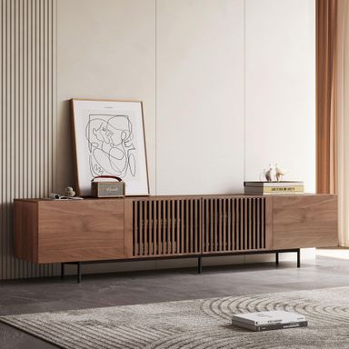 Mid Century Modern TV Stand for 80+ Inch TVs, 94.48" Walnut Console with Ample Storage – Stylish Entertainment Center for Living Room or Bedroom 94.48“