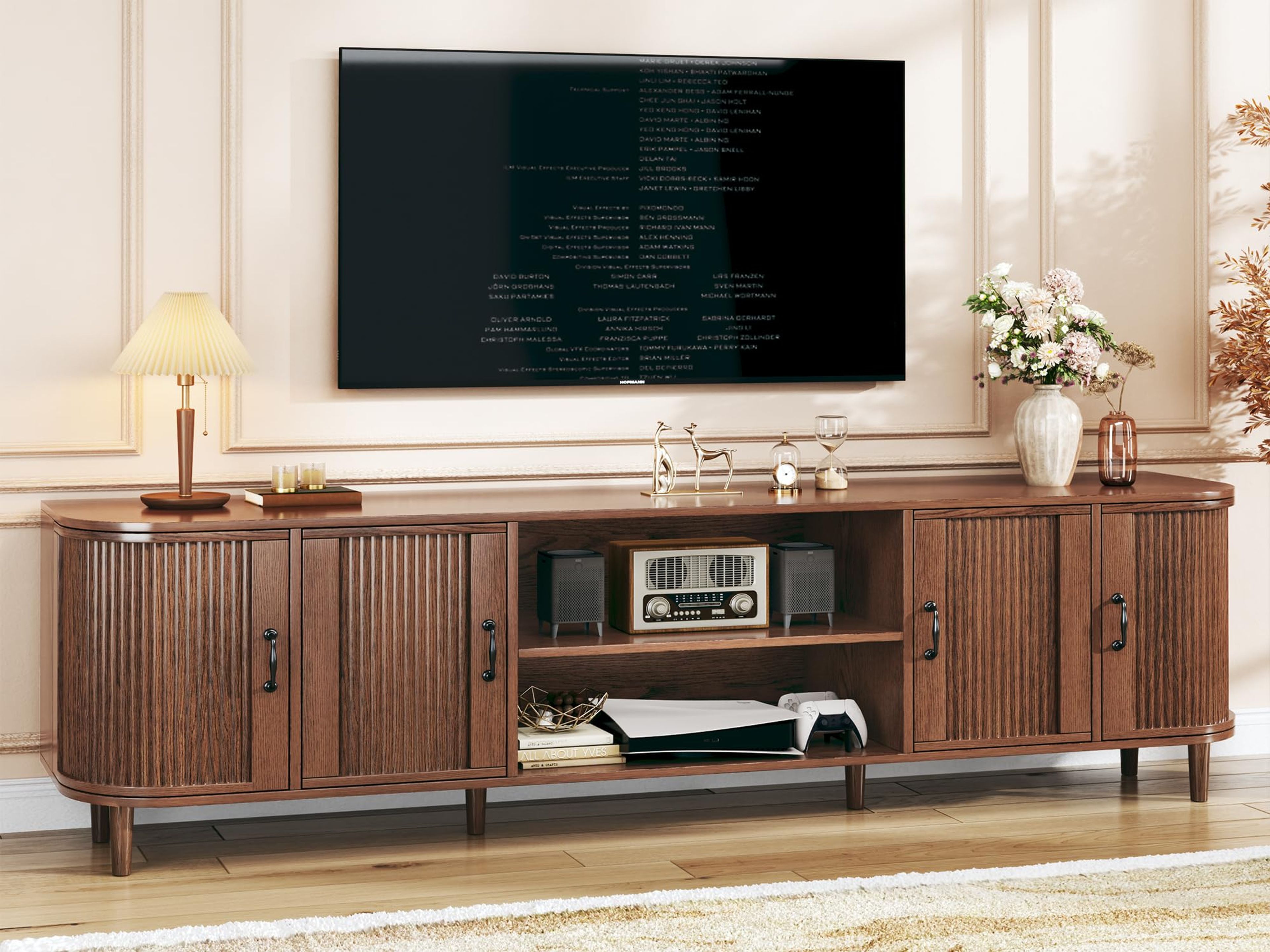 Walnut Mid-Century TV Stand for 75" TVs with Fluted Doors