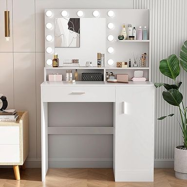 Amazon.com: Decofy White Vanity Desk with Mirror and Lights Makeup Vanity with Drawers & Cabinet, 3 Lighting Modes & 10 Brightness Levels,Vanity for Bedroom & Dressing Room (White) : Home & Kitchen