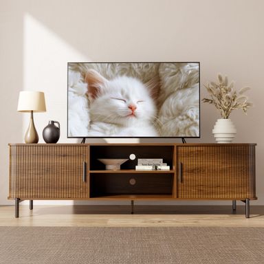 SUNCOZE 70" Fluted TV Stand with Storage, Media Console for TVs up to 80 Inch with Sliding Tambour Doors & Open Shelves, Modern Entertainment Center for Living Room or Bedroom (Walnut)