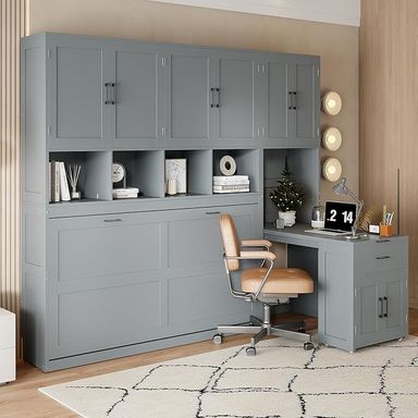 Amazon.com: Harper & Bright Designs Twin Size Murphy Bed, Wooden Twin Wall Bed Frame with Closet, Drawers & Desk, Gray : Home & Kitchen